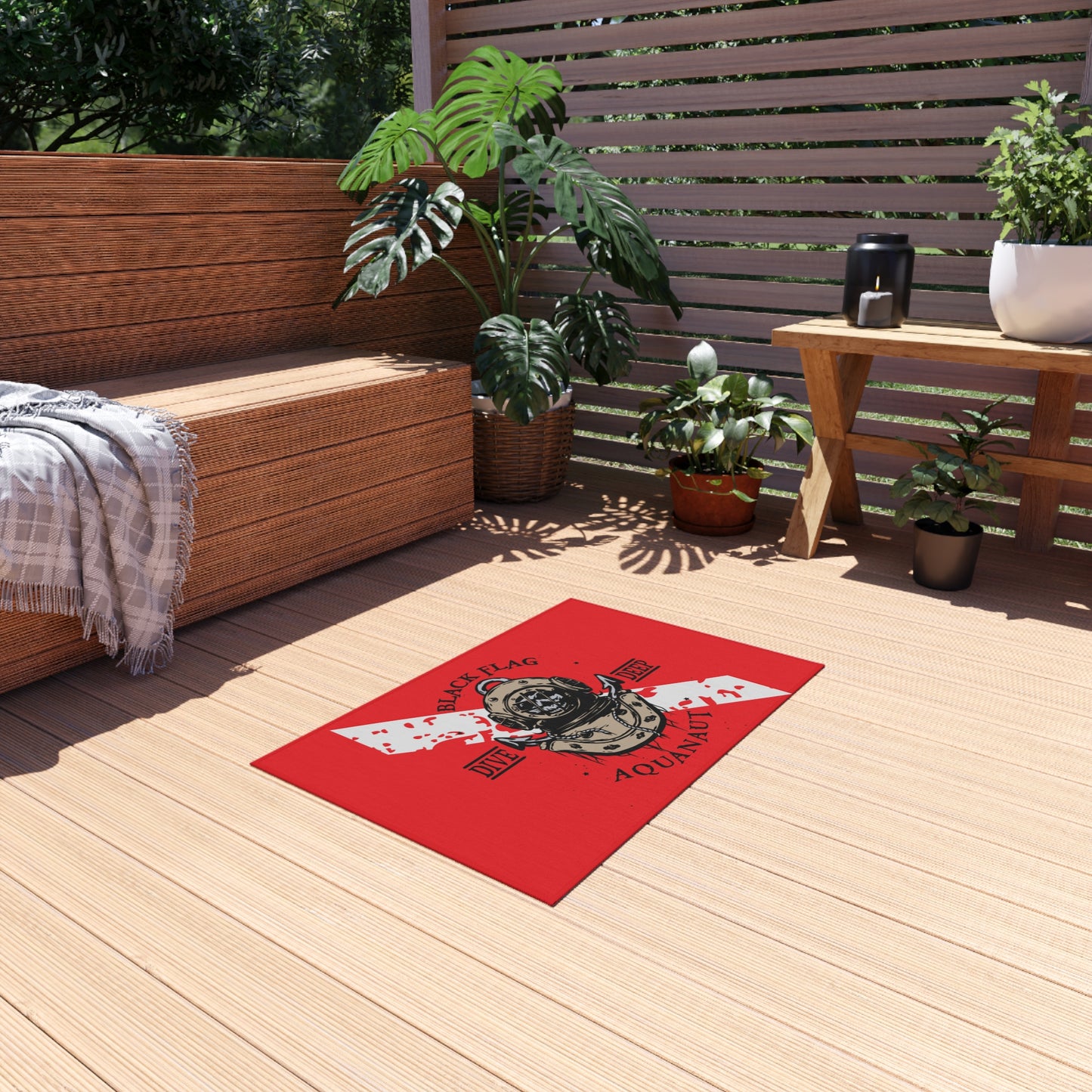 Dive Deep Aquanaut Outdoor Rug — Red Scuba Diver Flag Doormat